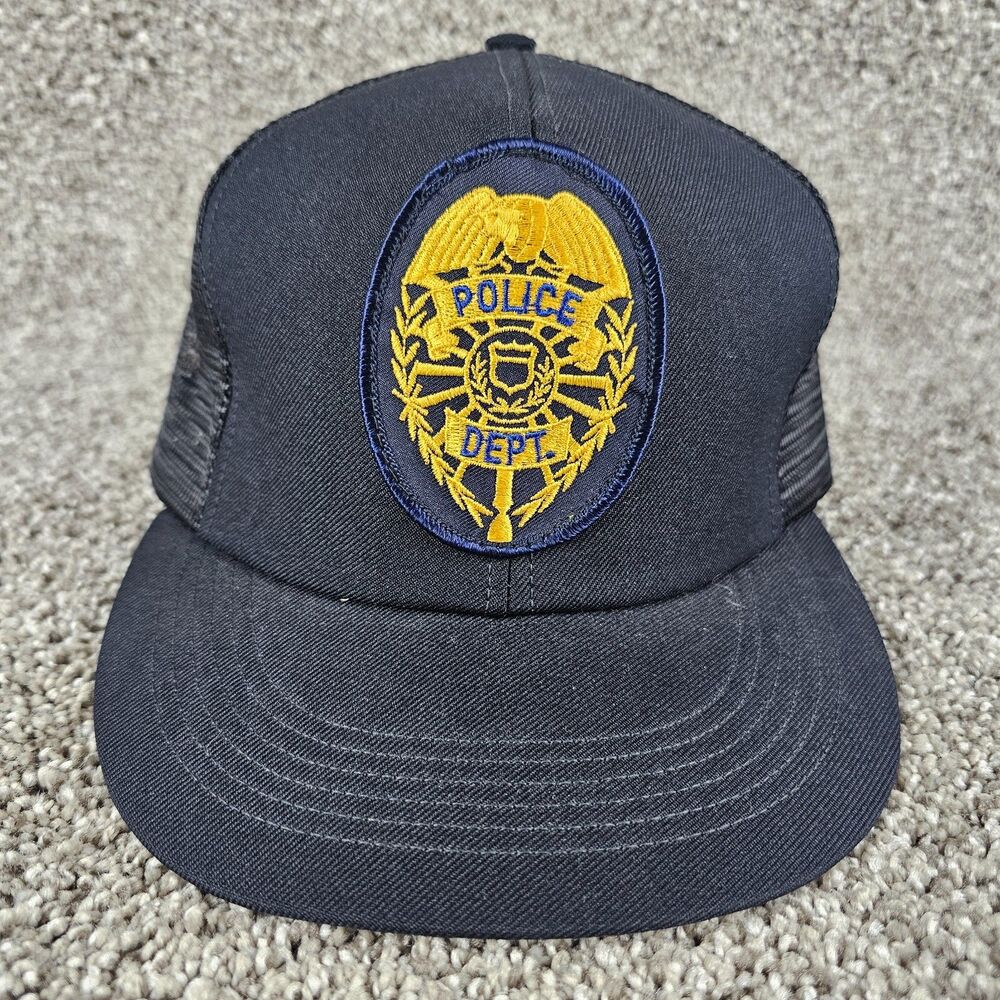 Vintage Police Dept Hat Cap Trucker S/M Snapback Mesh Black USA Made 90s Shield